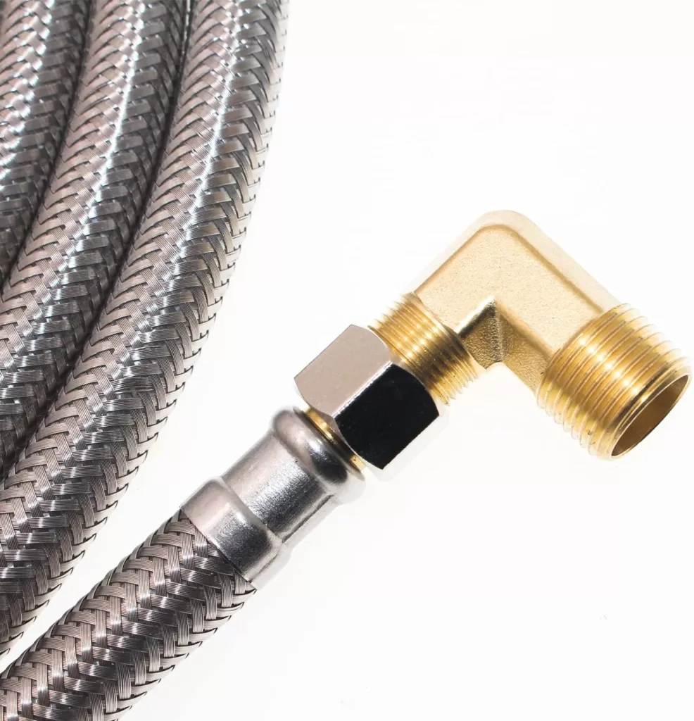 Dishwasher supply line 10ft extension Stainless steel braided dishwasher hose with w10685193 Dishwasher Swivel Gooseneck Elbow Hose Fitting 3/8 comp x 3/4 fht