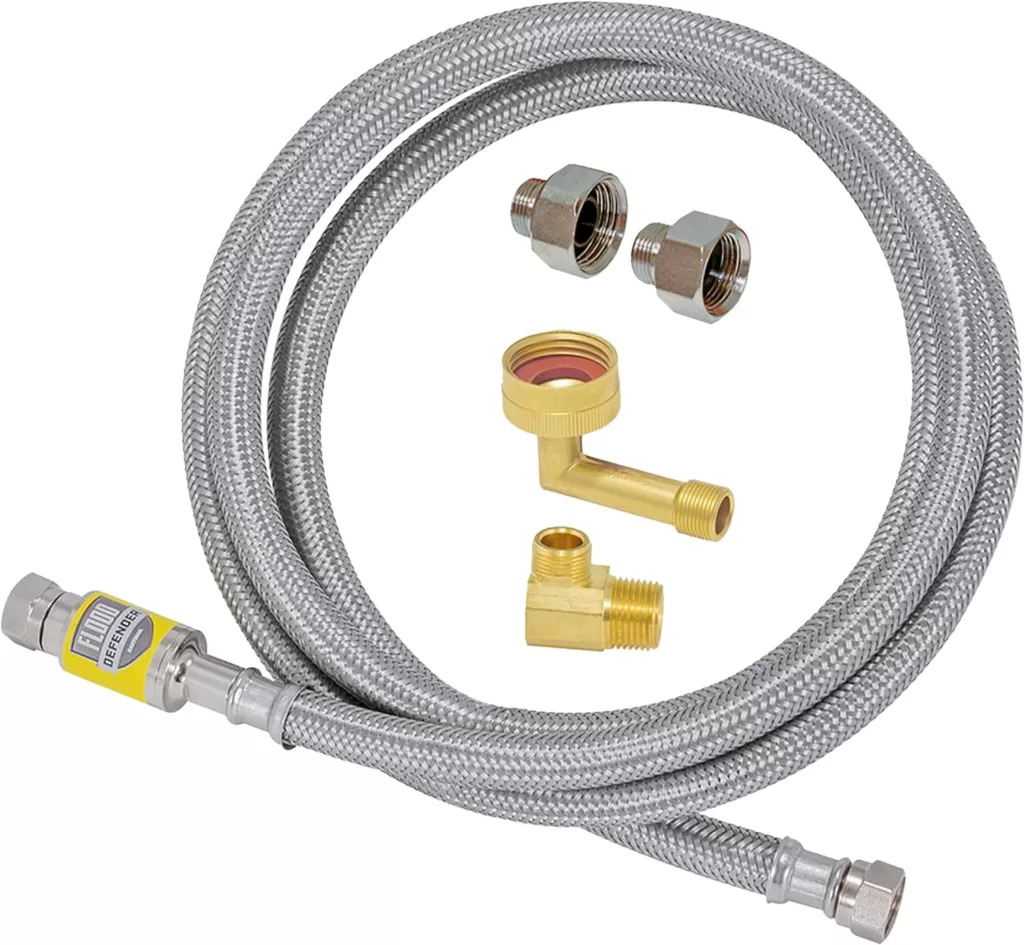 Eastman Dishwasher Installation Kit with Adapters, Auto Shutoff Valve, 3/8 Inch Compression, 3/8 Inch MIP Elbow, 3/4 Inch FHT Elbow, 6 Foot Braided Stainless Steel Dishwasher Connectors, 98556