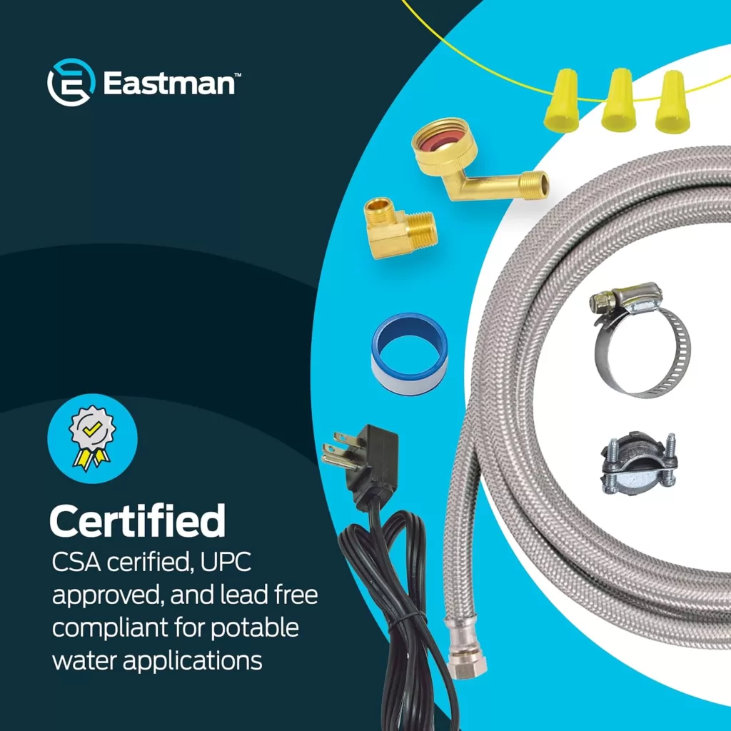 Eastman Dishwasher Installation Kit with Straight Electrical Cord, 3/4 Inch Compression, 3/8 Inch MIP Elbow, 3/4 Inch FHT Elbow, 6 Foot Braided Stainless Steel Dishwasher Connectors, 41150