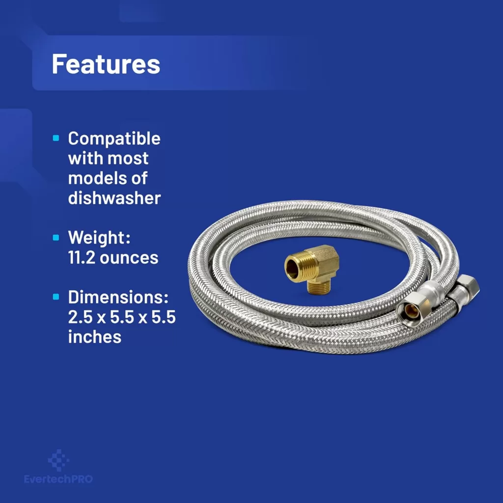 EvertechPRO 383860 5ft / 60 inch Long Dishwasher Hose Installation Kit Stainless Steel Connection Hose Braided Design Burst Proof Water Supply Line with 3/8 Compression X 3/8 MIP Elbow