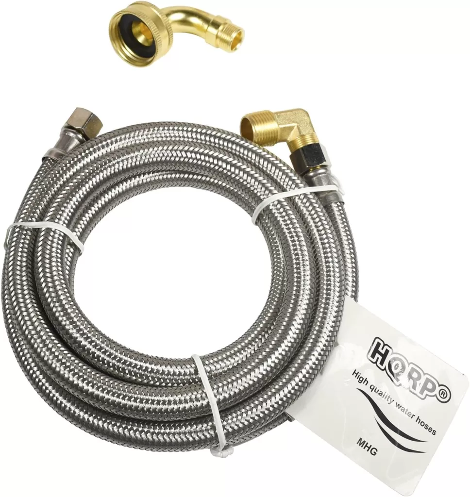 HQRP Universal Premium Stainless Steel Dishwasher Fill Hose with 3/8x3/8 Comp Connection and 90 degree 3/8 MIP elbow or 3/4 Swivel Gooseneck Fitting, 6-Foot Burst Proof Water Supply Line