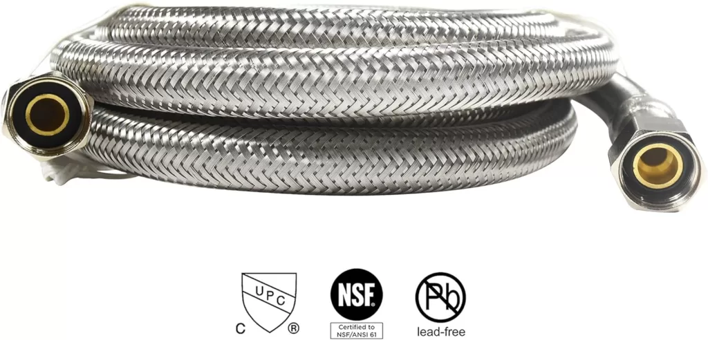 HQRP Universal Premium Stainless Steel Dishwasher Fill Hose with 3/8x3/8 Comp Connection and 90 degree 3/8 MIP elbow or 3/4 Swivel Gooseneck Fitting, 6-Foot Burst Proof Water Supply Line