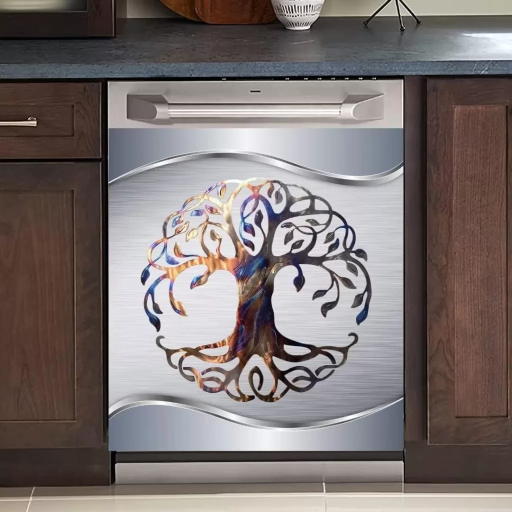 IMIT Tree of Life Magnet Dishwasher Cover Kitchen Refrigerator Front Door Magnet Cover, Silver Stainless Steel Magnetic Fridge Panel Decal Dishwasher Sticker, Easily Update (23 x 26 Magnetic)