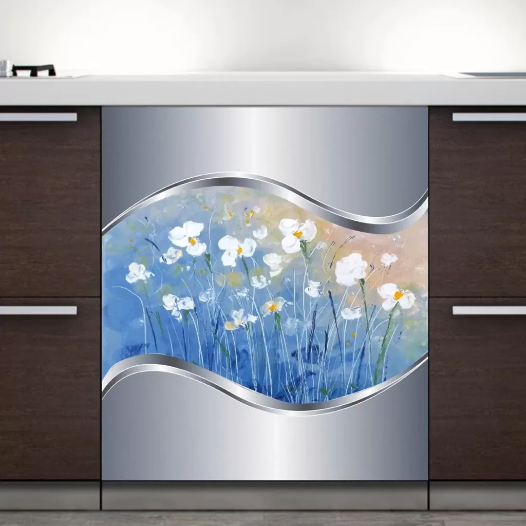 Magnet Kitchen Dishwasher Cover,Blue Flower and Polishing Metal Door, Magnetic Stainless Steel Decor, Dishwasher Tulip Decal Decor Magnet 23x26inch