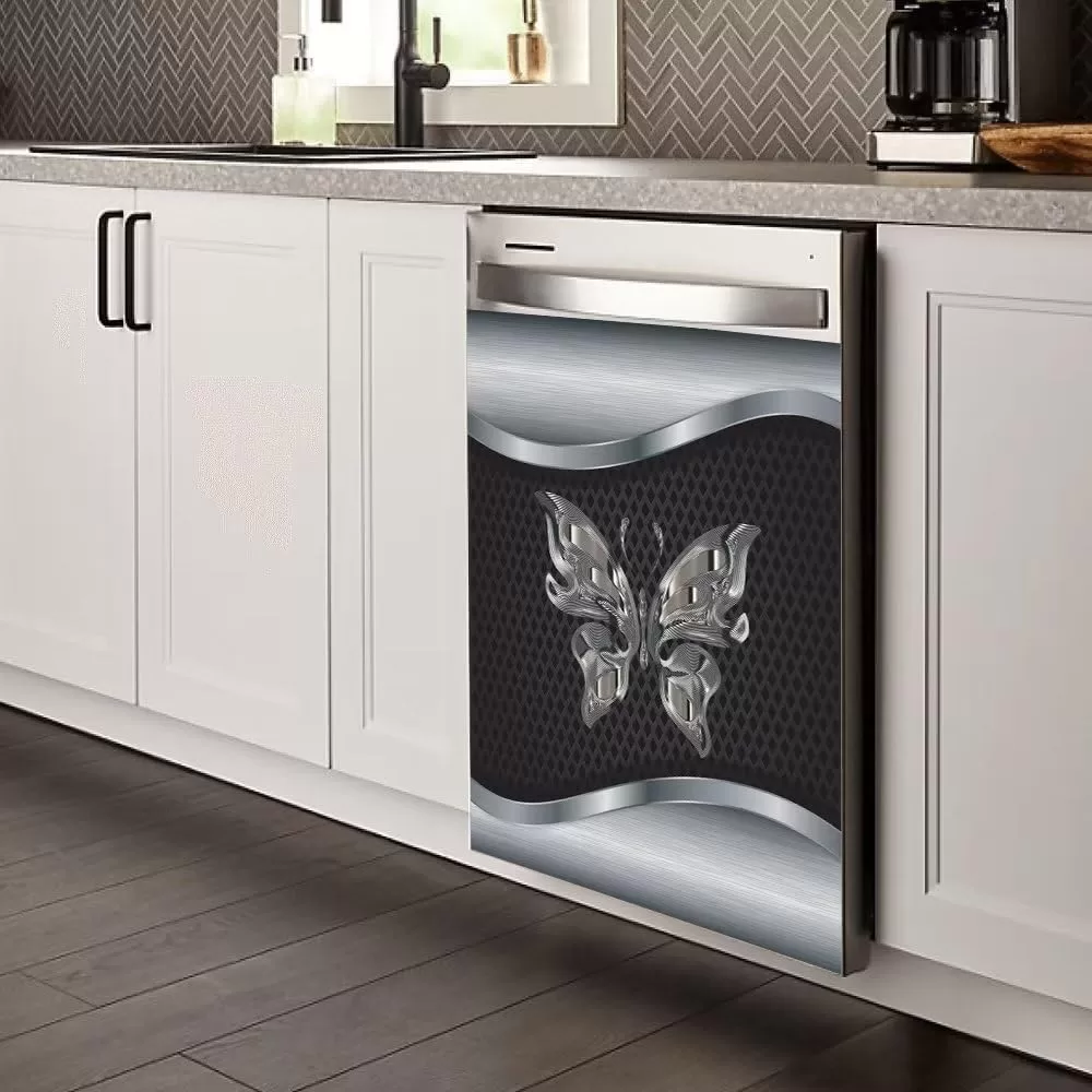 Metal Butterfly Stainless Steel Pattern Dishwasher Sticker Decal Magnet, Front Decorative Door Cover, Home Kitchen Cabinet Decor Panel Sticker Reusable, 23W x 26H inches