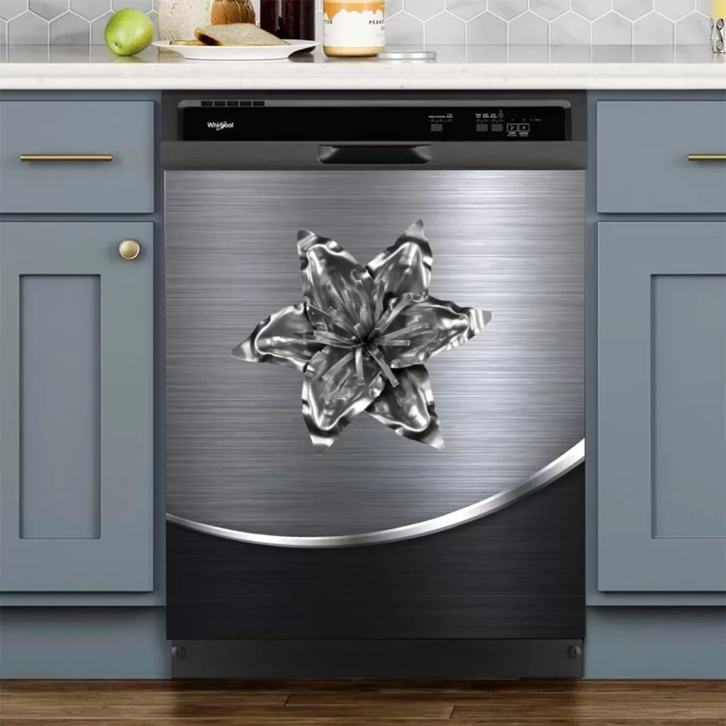 Polished Metal Texture Dishwasher Magnet Sticker,Metal Tulip and Gray Metallic,Dishwasher Cover Decorative 23x26inch Flower Panel Decal Stainless Steel Style Kitchen Decor