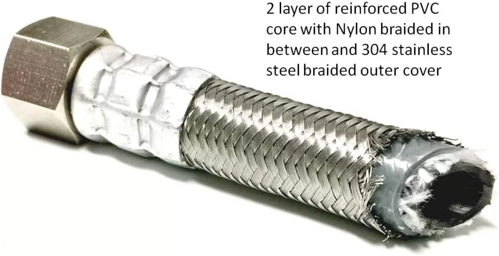 Shark Industrial Premium Stainless Steel Dishwasher Hose - 10 FT No-Lead Burst Proof Water Supply Line 3/8 comp x 3/8 comp with attached 90 degree 3/8 comp x 3/8 MIP elbow - 10 year warranty