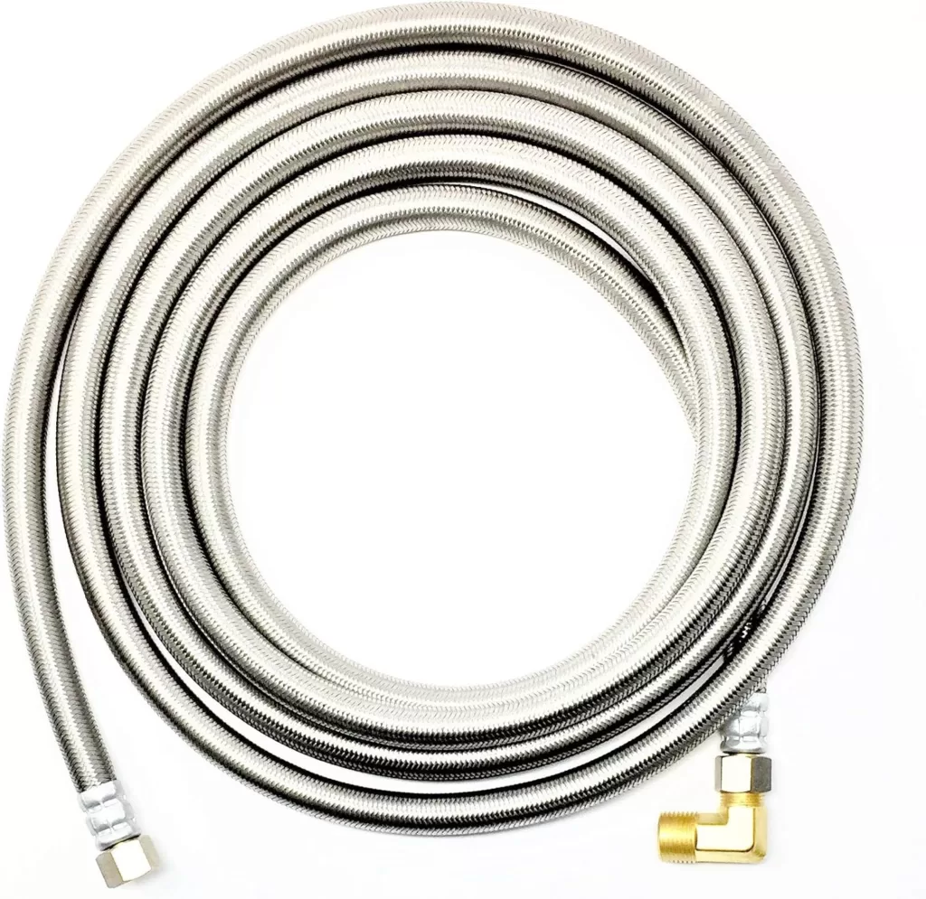 Shark Industrial Premium Stainless Steel Dishwasher Hose - 10 FT No-Lead Burst Proof Water Supply Line 3/8 comp x 3/8 comp with attached 90 degree 3/8 comp x 3/8 MIP elbow - 10 year warranty
