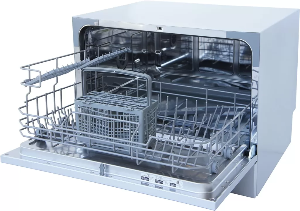 SPT SD-2224DS ENERGY STAR Compact Countertop Dishwasher with Delay Start - Portable Dishwasher with Stainless Steel Interior and 6 Place Settings Rack Silverware Basket, Silver