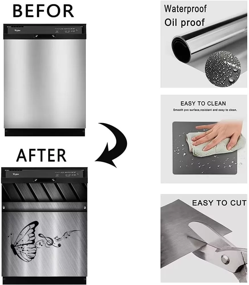 Stainless Steel Dishwasher Cover,Farmhouse Butterfly Dishwasher Magnet Sticker,Dish Washer Front Door Cover Kitchen Decorative,Refrigerator Magnetic Cover Reusable Vinyl Decal,23W x 26H
