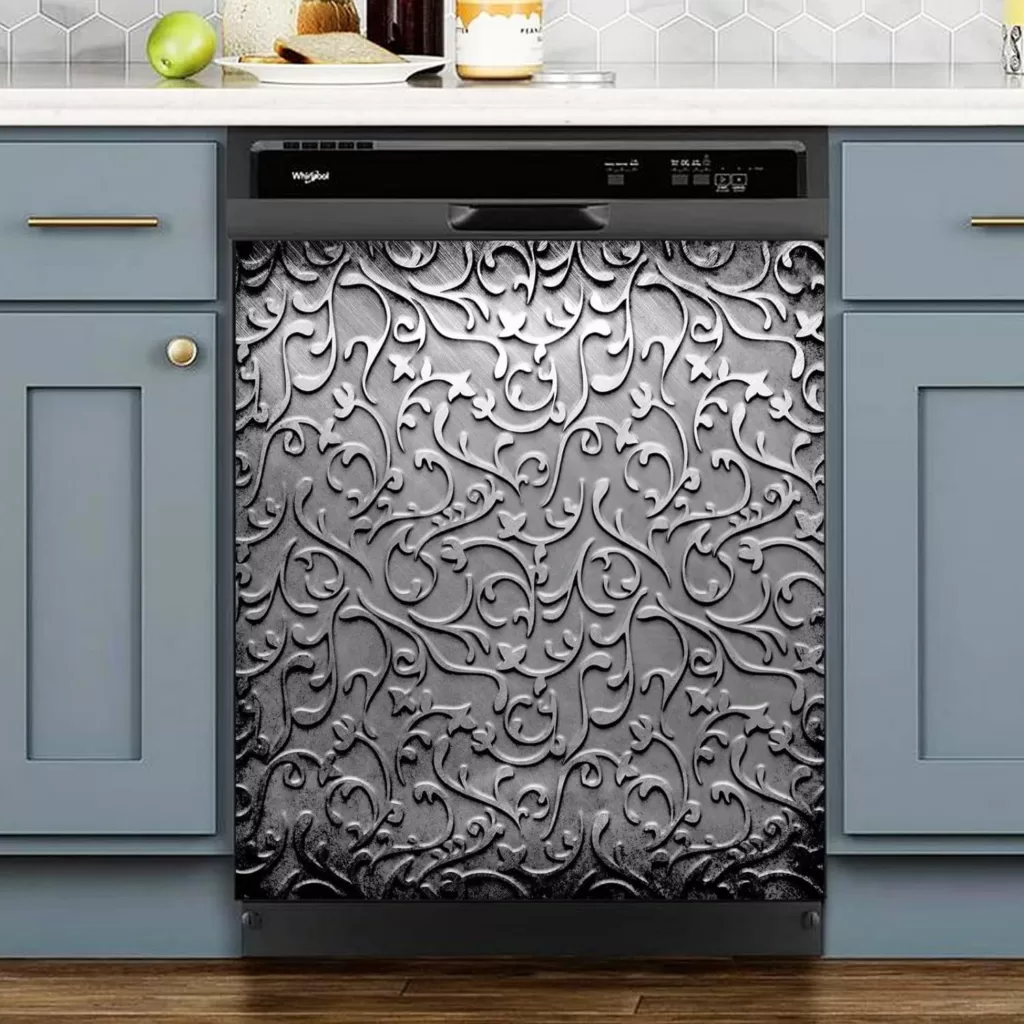 Stainless Steel Pattern Magnetic Dishwasher Cover,Grey Carving Dishwasher Door Cover,Home Kitchen Decor Panel Decal,Metal Engraved Print Stainless Steel Appliance Sticker
