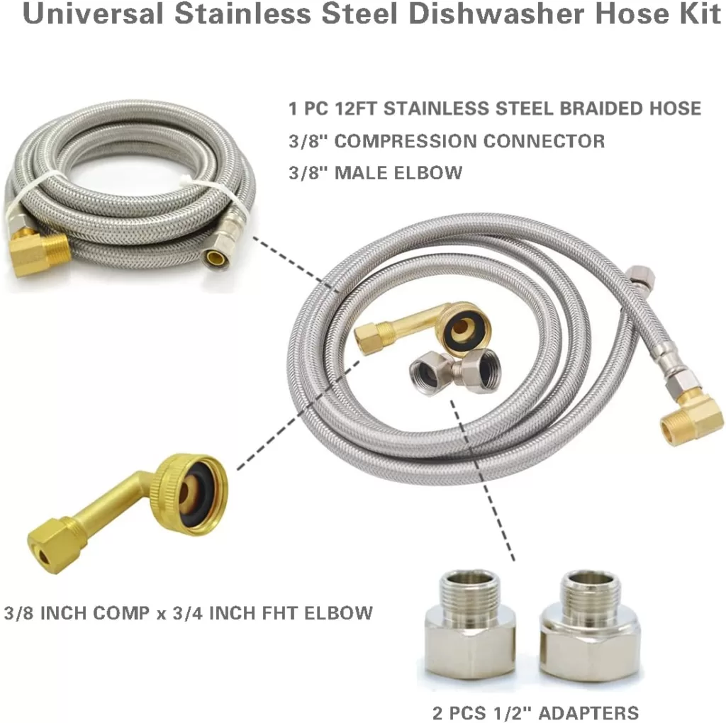 Universal Dishwasher Installation Kit,12 Ft Stainless Steel Braided Dishwasher Hose by TT FLEX,Burst Proof Water Supply Line with 3/8 Compression Connections