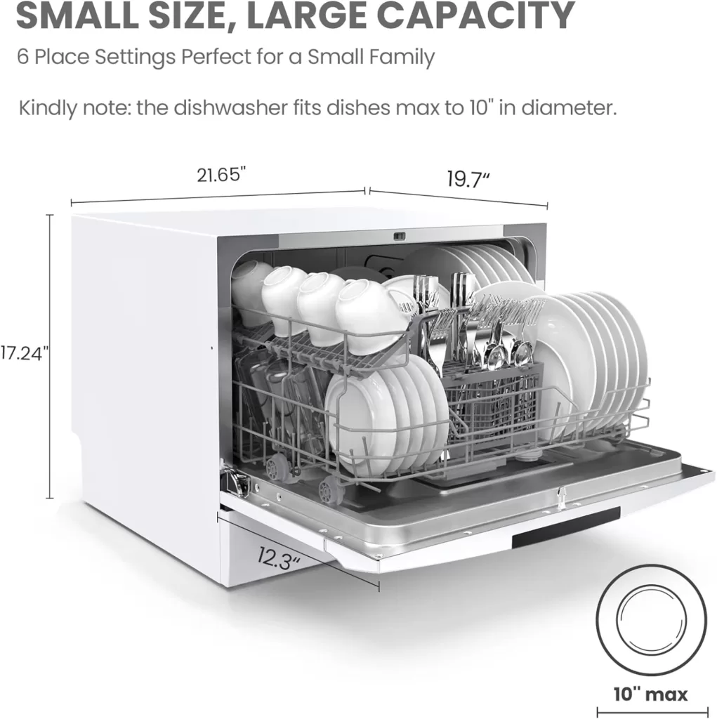COMFEE’ Portable Mini Dishwasher, Energy Star, Countertop, 6 Place Settings, with 8 Washing Programs, Speed, Baby-Care, ECO Glass, Dish Washer for Dorm, RV Apartment, White