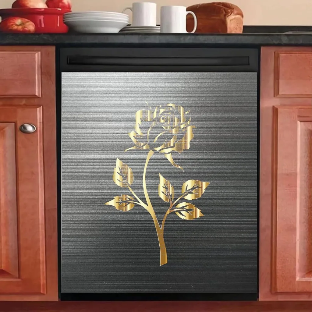 Black Stainless Steel Magnetic Dishwasher Cover Decorative,Gold Rose Flower Fridge Sticker Cover, Black Refrigerator Magnets Decorative,Engraved Floral Home Appliance Decal 23x26