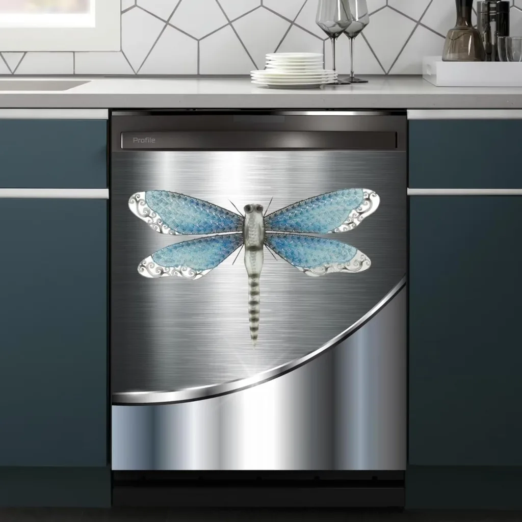 Dragonfly Magnetic Dishwasher Covers for The Front,Blue Dragonfly Stainless Steel Pattern Refrigerator Magnets Decorative,Cabinet Vinyl Wrap Decals,Animal Magnetic Stickers