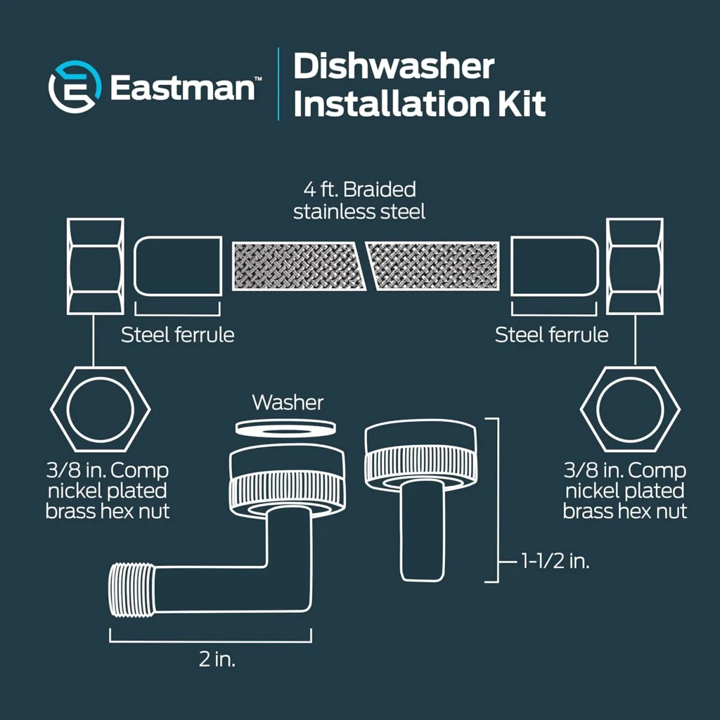 Eastman Dishwasher Installation Kit, 3/8 Inch Compression, 3/8 Inch MIP Elbow, 3/4 Inch FHT Elbow, 4 Foot Braided Stainless Steel Dishwasher Connectors, 41037