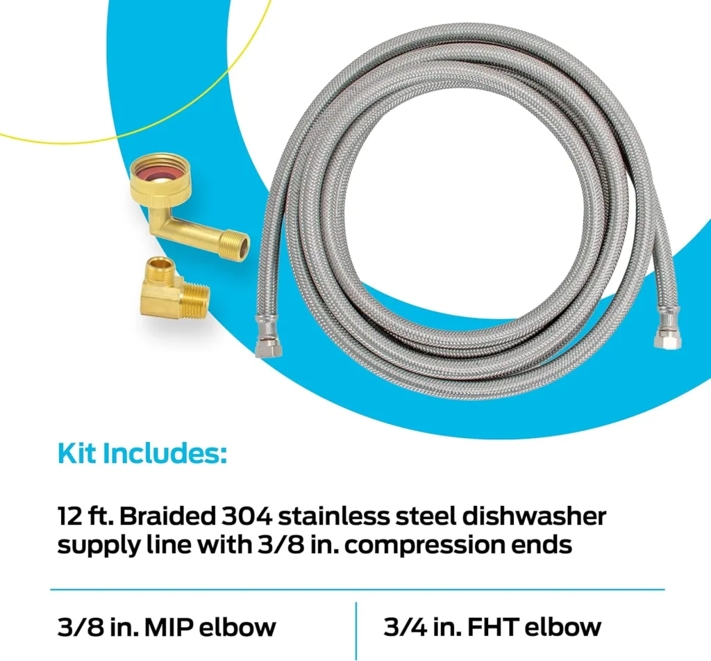 Eastman Dishwasher Installation Kit, 3/8 Inch Compression, 3/8 Inch MIP Elbow, 3/4 Inch FHT Elbow, 4 Foot Braided Stainless Steel Dishwasher Connectors, 41037