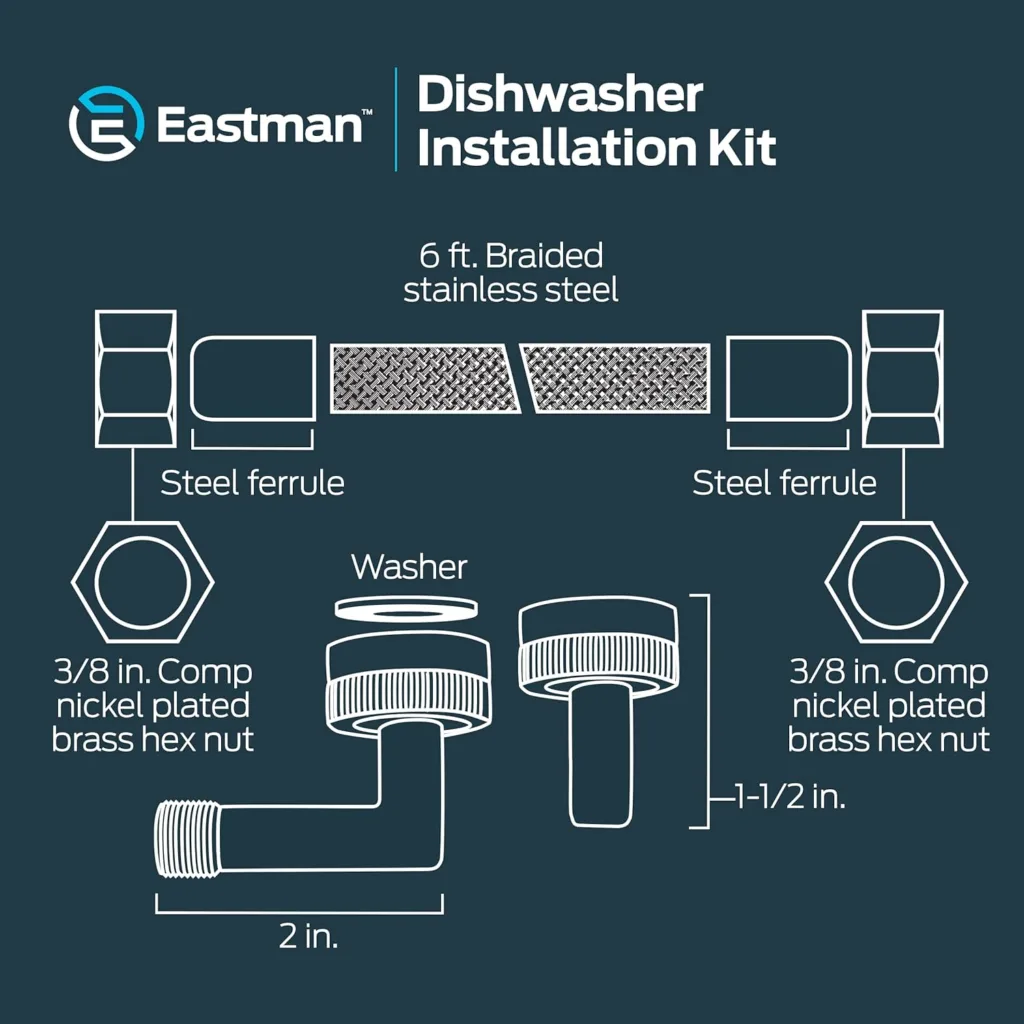 Eastman Dishwasher Installation Kit, 3/8 Inch Compression, 3/8 Inch MIP Elbow, 3/4 Inch FHT Elbow, 6 Foot Braided Stainless Steel Dishwasher Connectors, 41045