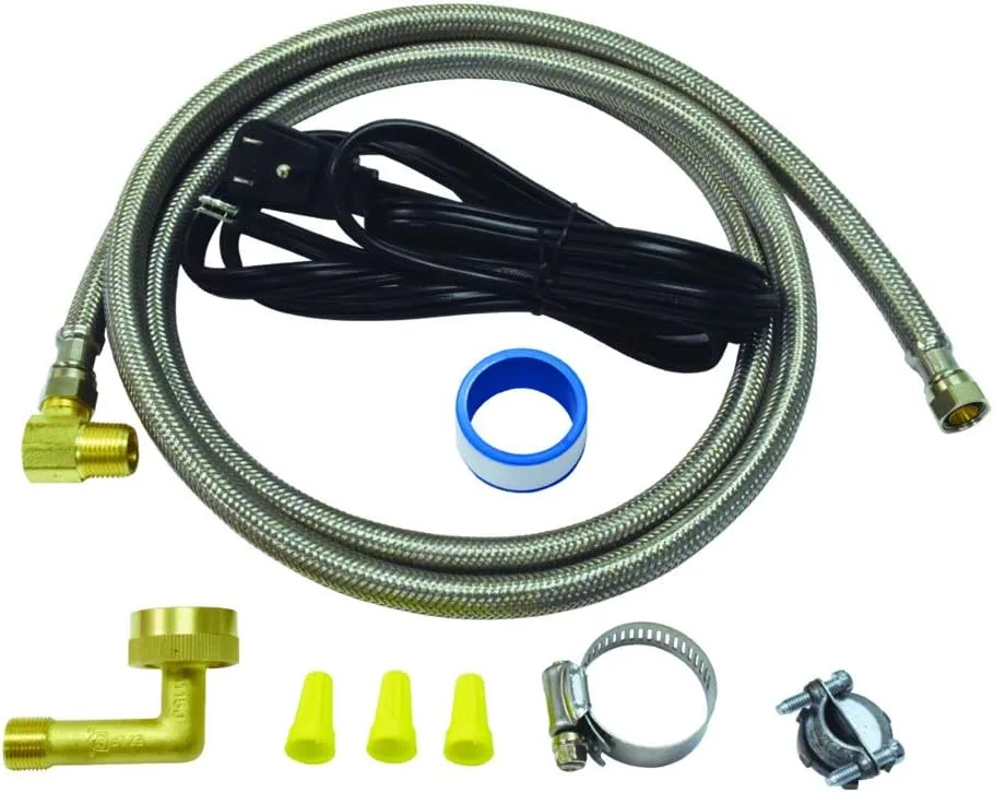 Eastman Dishwasher Installation Kit with Angled Electrical Cord, 3/4 Inch Compression, 3/8 Inch MIP Elbow, 3/4 Inch FHT Elbow, 6 Foot Braided Stainless Steel Dishwasher Connectors, 48337N