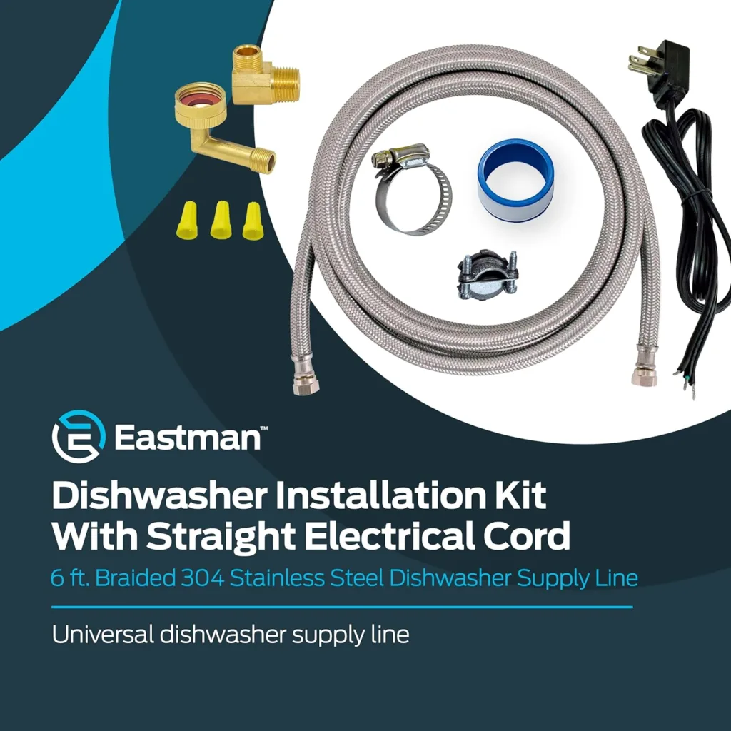 Eastman Dishwasher Installation Kit with Angled Electrical Cord, 3/4 Inch Compression, 3/8 Inch MIP Elbow, 3/4 Inch FHT Elbow, 6 Foot Braided Stainless Steel Dishwasher Connectors, 48337N