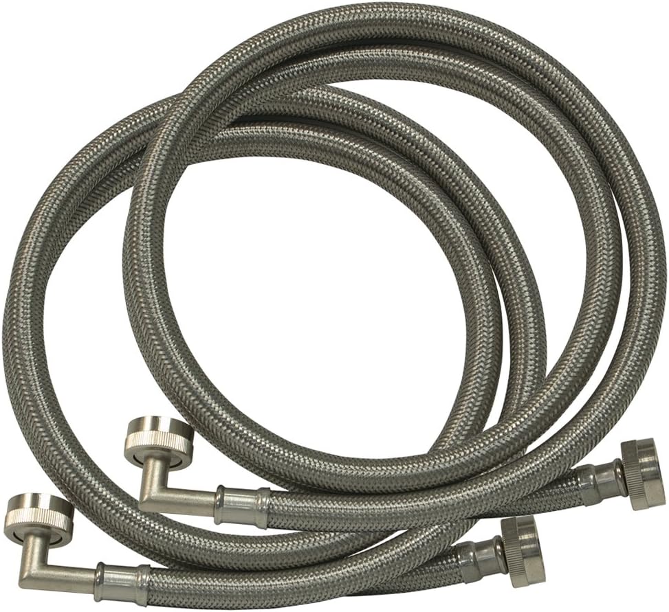 Eastman Washing Machine Connector, Pack of 2, 3/4 Inch FHT Connection, 90 Degree Elbow, 4 Foot Braided Stainless Steel Washing Machine Hoses, 48376