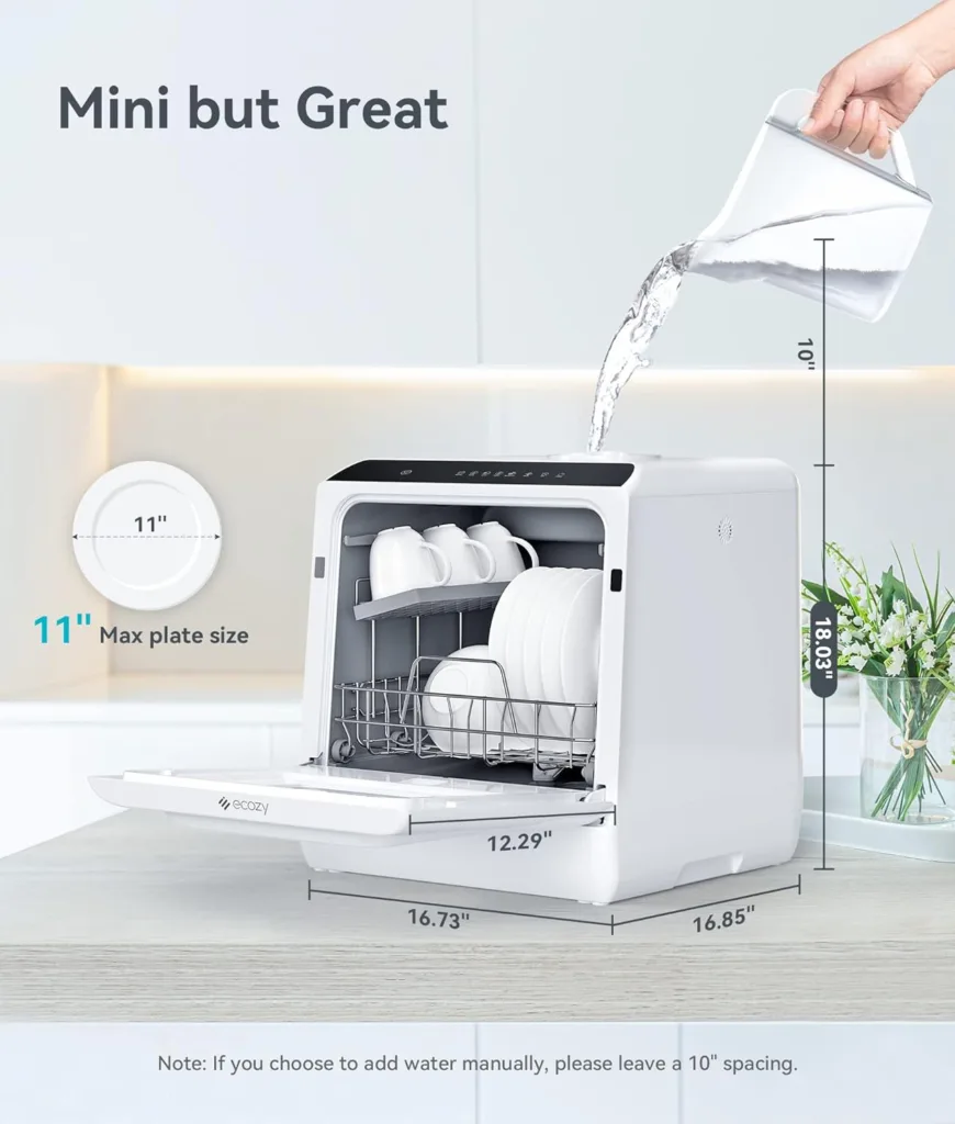 ecozy Portable Dishwasher Countertop, Mini Dishwasher with a Built-in 5L Water Tank, No Hookup Needed, 6 Washing Programs, Extra Air Drying Function for Apartments, Camping and RV