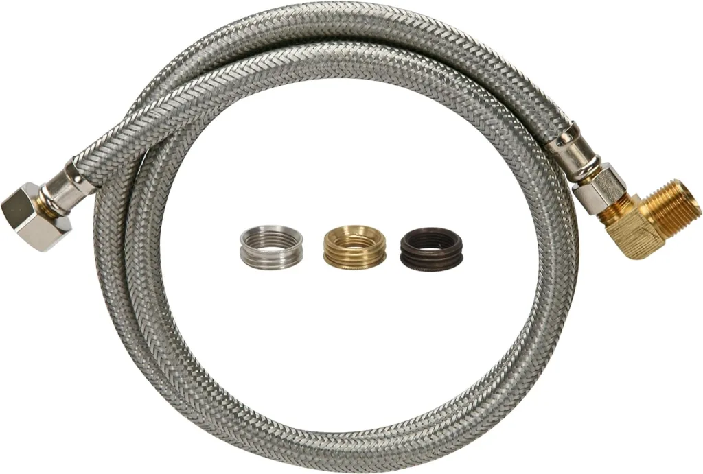 Fluidmaster 1W48CUK Dishwasher Connector With 3/8-Inch and 3/4-Inch Elbow Fittings And Size Adaptors, Braided Stainless Steel - 3/8 Compression, 7/16 Compression, 1/2 Compression, or 1/2 F.I.P. Thread x 3/8 Compression Thread, 48-Inch Length