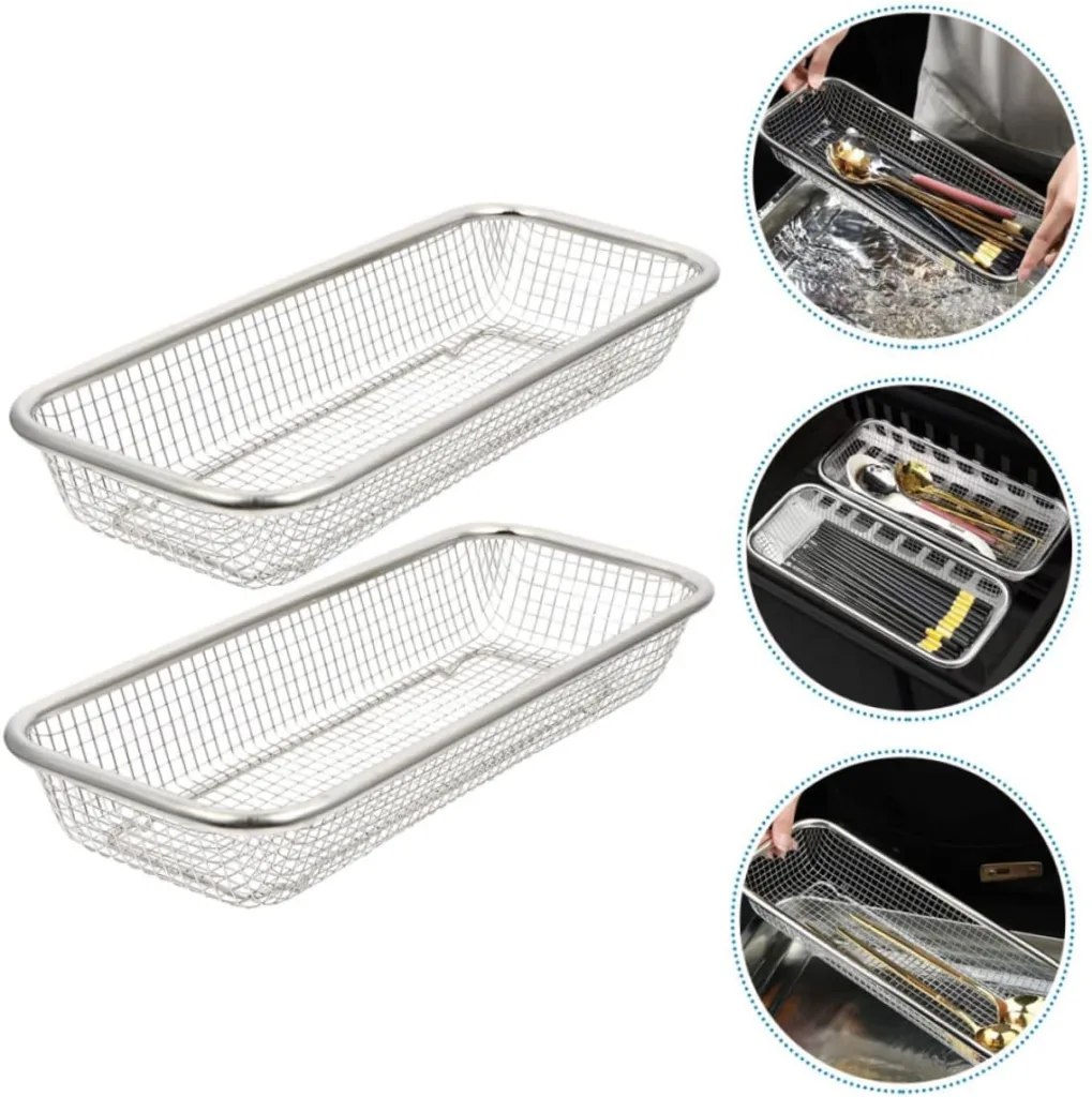 GLEAVI 2pcs Dishwasher Basket Stainless Steel Cooling Rack Kitchen Utensils Holder Dishwasher Silverware Tray Cutlery Metal Storage Baskets Kitchen Drying Basket Rectangle Storage Box