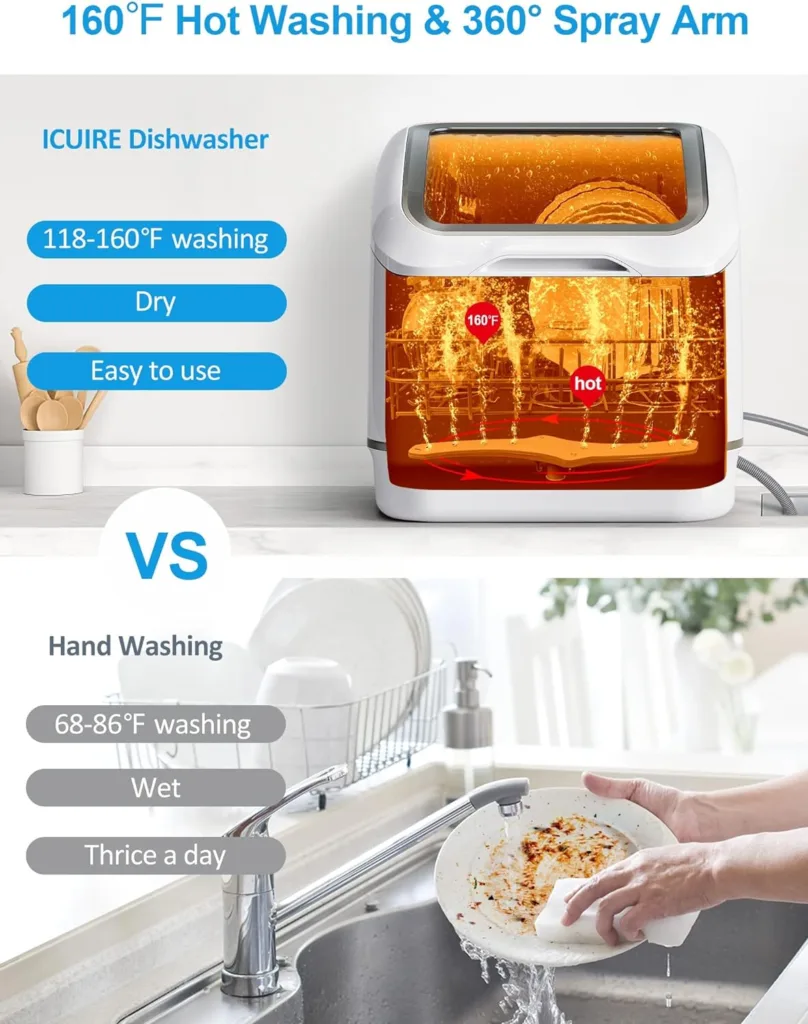 ICUIRE Portable Dishwasher Countertop, No Hookup Needed, 7 Washing Programs, 360°Spray, Hot Air-Dry Function, Fruit  Vegetable Soaking, Baby-Care, Mini Dishwasher for Apartments, Dorms and RVs