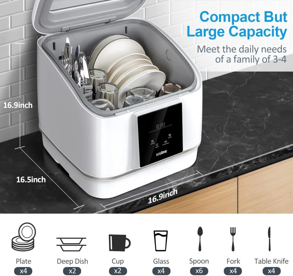 ICUIRE Portable Dishwasher Countertop, No Hookup Needed, 7 Washing Programs, 360°Spray, Hot Air-Dry Function, Fruit  Vegetable Soaking, Baby-Care, Mini Dishwasher for Apartments, Dorms and RVs