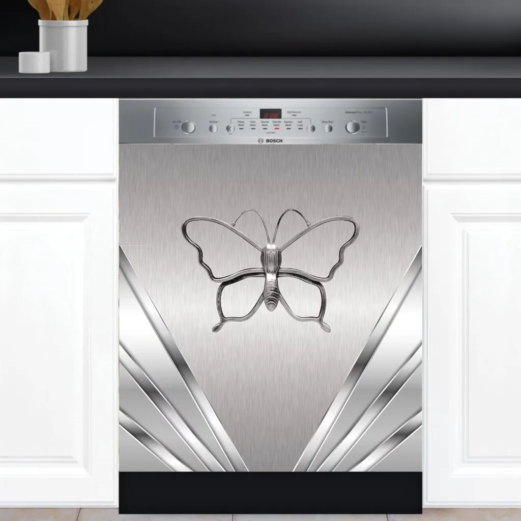 Stainless Steel Butterfly Magnetic Sticker Dishwasher Cover,Metal Silver Magnet Refrigerator Vintage Appliance Full Door 23x26 INCH, Vinyl Dishwasher Magnet Decorative The Front Panel