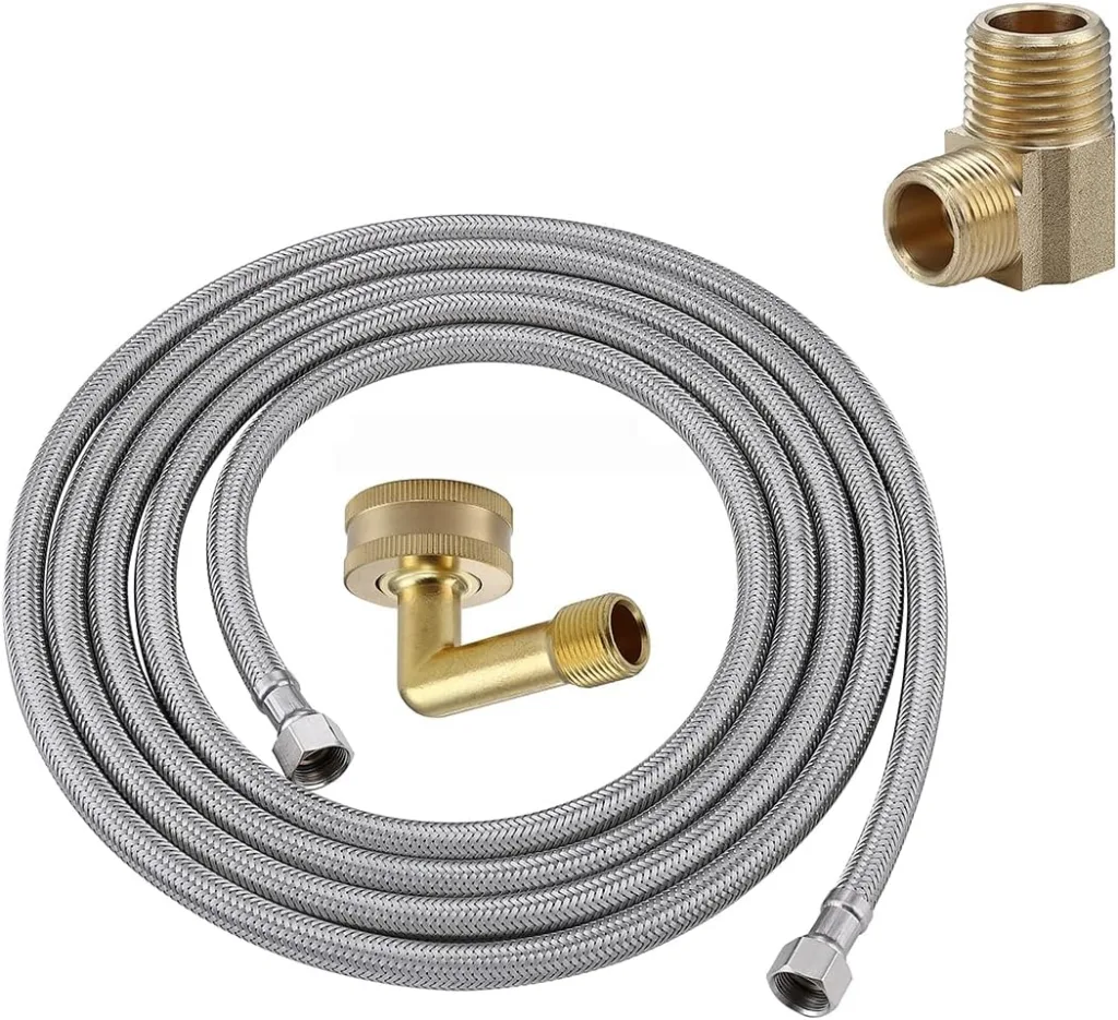 Stainless Steel Dishwasher Hose - 6 FT Water Supply Line 3/8 comp x 3/8 comp with attached 90 degree 3/8 comp x 3/8 MIP elbow comp x 3/4 FGH(Female Garden Hose) 90 degree elbow fitting