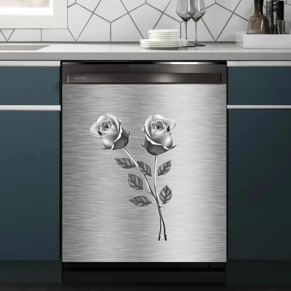 Stainless Steel Flowers Pattern Magnetic Dishwasher Cover,Roses Print Dishwasher Door Cover,3D Vision Floral Home Kitchen Decor Panel Decal,Stainless Steel Appliance Sticker