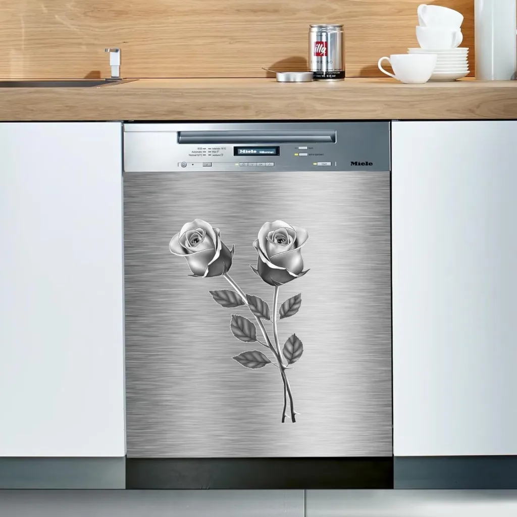 Stainless Steel Flowers Pattern Magnetic Dishwasher Cover,Roses Print Dishwasher Door Cover,3D Vision Floral Home Kitchen Decor Panel Decal,Stainless Steel Appliance Sticker