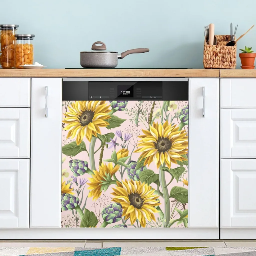 Sunflower Dishwasher Magnet Cover Kitchen Dishwasher Sticker, Easily Trimmable Decorative Dishwasher Covers for Dish Washer Door Sticker,Refrigerator 23 X 26 Inch