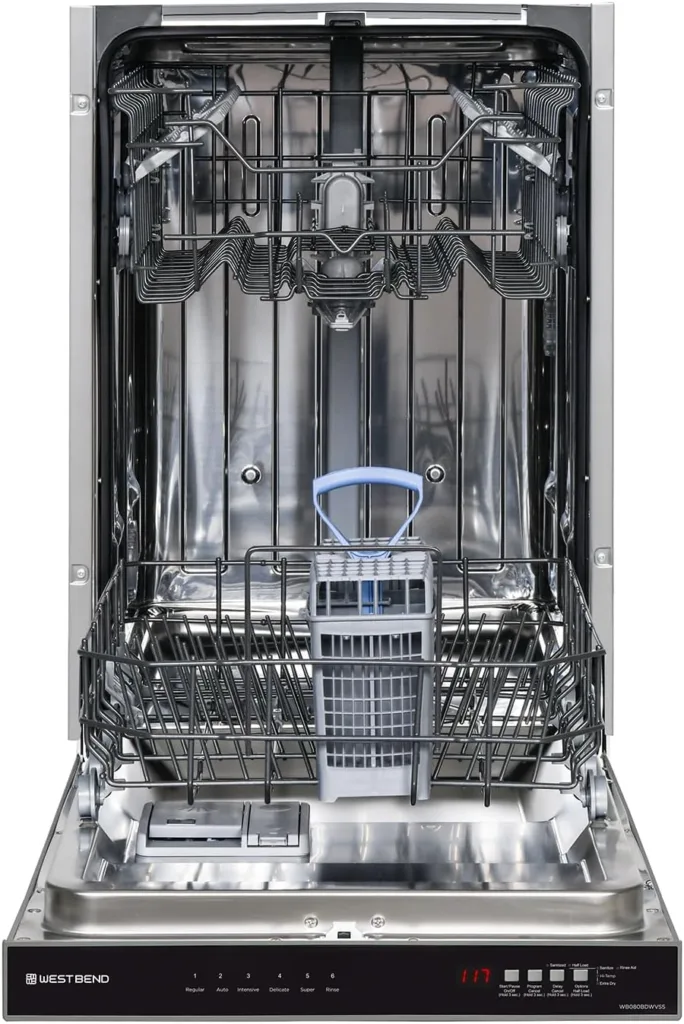 West Bend WB080BDWVSS Dishwasher 18-Inch Built in with 3 Wash Options and 6 Automatic Cycles, Stainless Steel Construction with Electronic Control LED Display, Low Noise Rating, Metallic