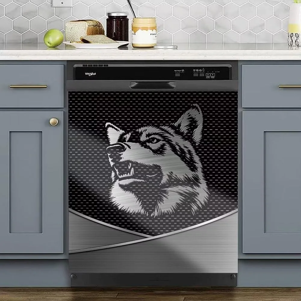 Wolf Art Design In Stainless Steel Pattern Dishwasher Cover Magnetic Decal Dishwasher Magnet Sticker, Animal Fridge Magnets Front Door Panel Cover (23Wx26H) - Easily Trimmable Kitchen Decorative