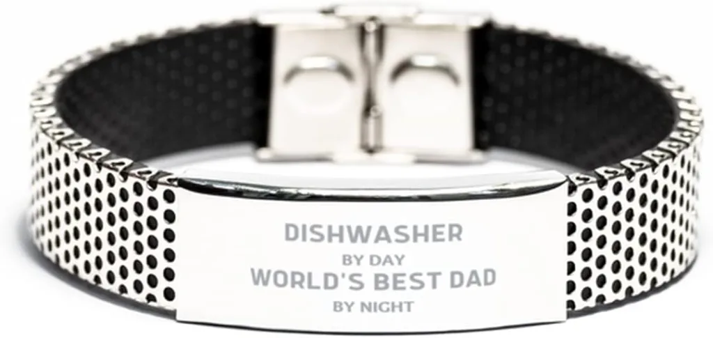 Dishwasher by Day, Worlds Best Dad by Night, Dishwasher Stainless Steel Bracelet, Funny Gifts for Dishwasher Dad