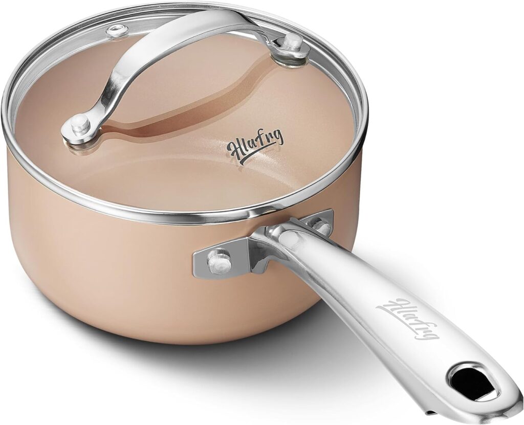 HLAFRG 1QT Nonstick Saucepan with Lid, Ceramic Coating, 100% APEO  PFOA-Free, Small Pot with Stainless Steel Handle, Oven Safe, Easy to Clean, Cream White Pan