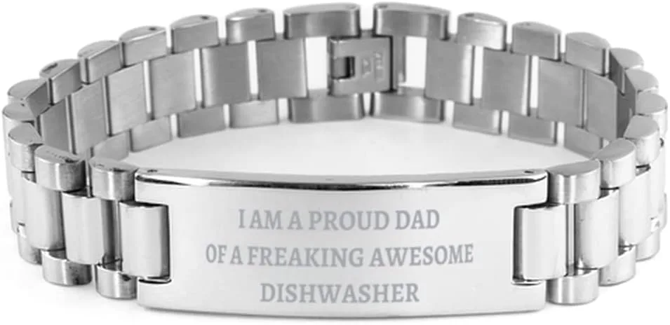 Proud Dad of an Awesome Dishwasher, Dishwasher Ladder Stainless Steel Bracelet, Funny Gifts for Dishwasher Dad