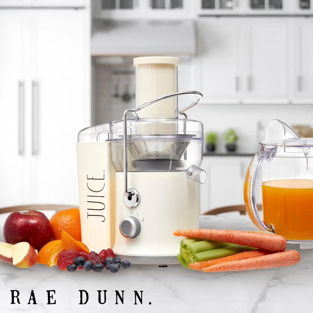 Rae Dunn Juicer Machine - 3 INCH Big Mouth Feed Chute for Whole Fruits and Vegetables, Easy to Clean, 1L Capacity Juice Collector, BPA Free, 650 Peak Watt Motor (Cream)