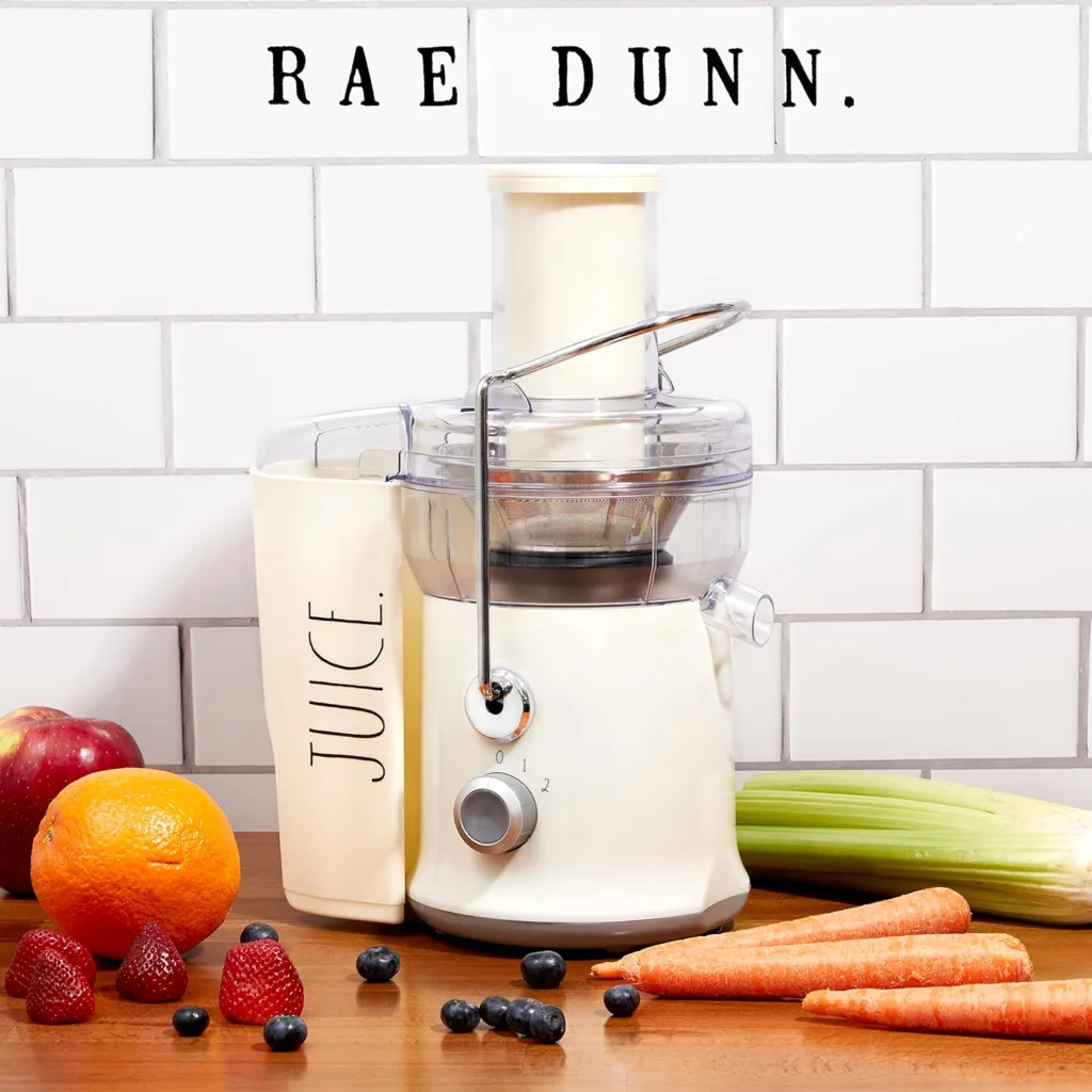Rae Dunn Juicer Machine - 3 INCH Big Mouth Feed Chute for Whole Fruits and Vegetables, Easy to Clean, 1L Capacity Juice Collector, BPA Free, 650 Peak Watt Motor (Cream)