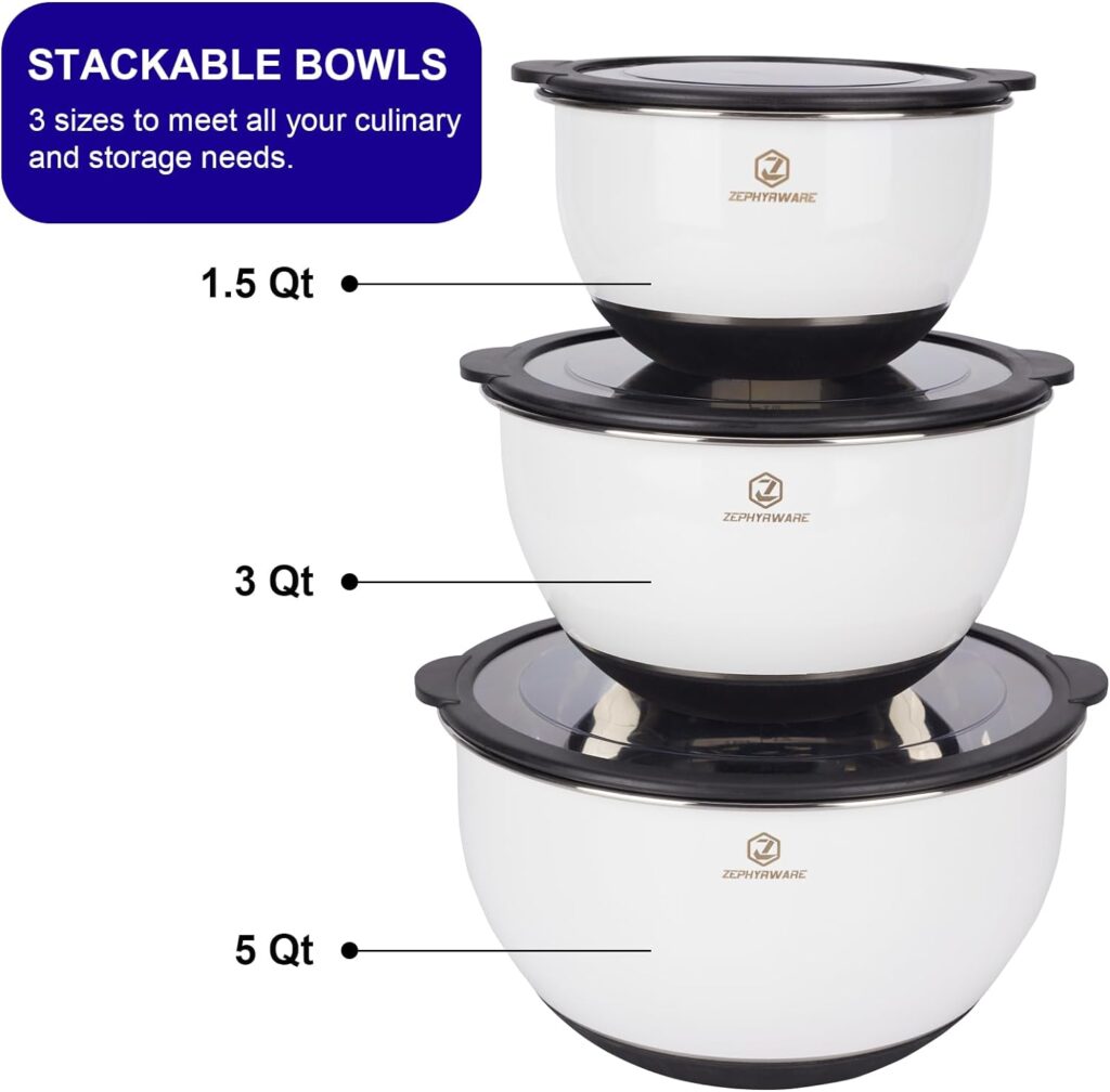 Stainless Steel Mixing Bowls Set with Airtight Lids, Salad Bowls for Kitchen Space Saving Storage, Great for Cooking, Baking, Prepping, Size 1.5, 3, 5 QT