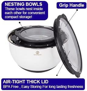 Stainless Steel Mixing Bowls Set with Airtight Lids, Salad Bowls for Kitchen Space Saving Storage, Great for Cooking, Baking, Prepping, Size 1.5, 3, 5 QT