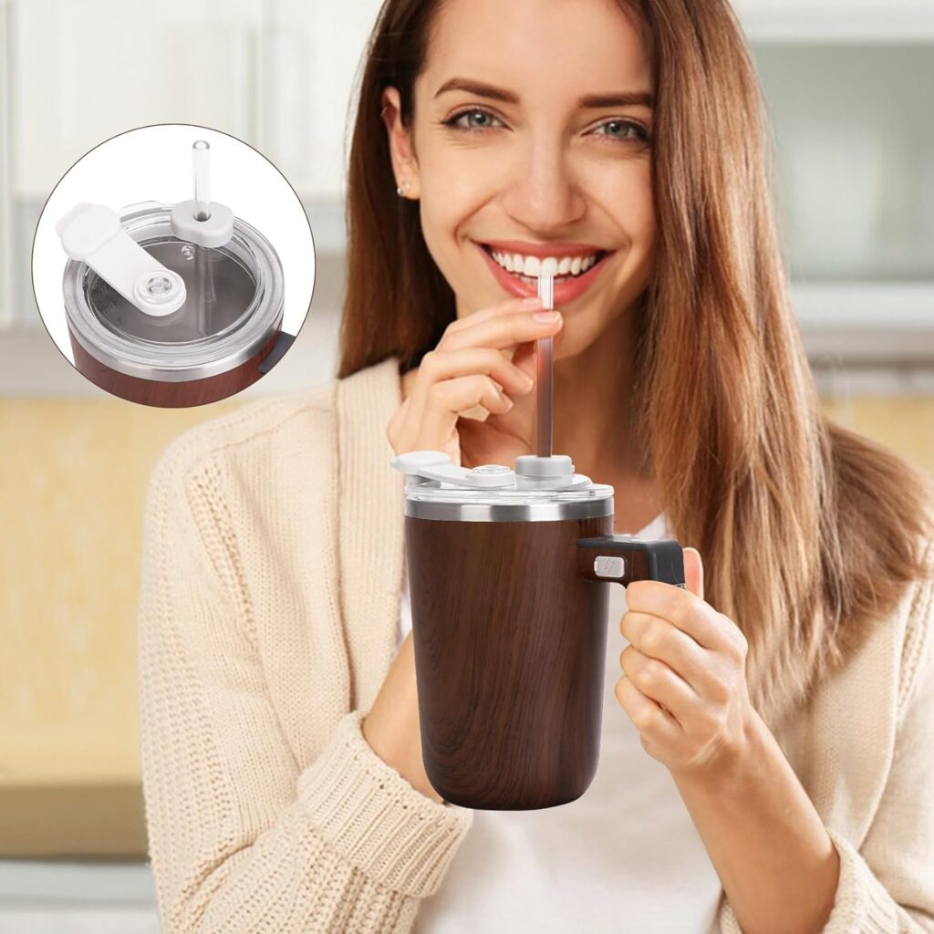 Temperature Control Heated Mug, Self Heating Coffee Mug with Magnetic Self Stirring, Leakproof Lids, with Straw, Auto Shut Off, 13oz Wood Grain Heated Mug