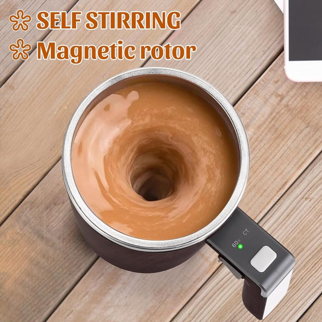 Temperature Control Heated Mug, Self Heating Coffee Mug with Magnetic Self Stirring, Leakproof Lids, with Straw, Auto Shut Off, 13oz Wood Grain Heated Mug