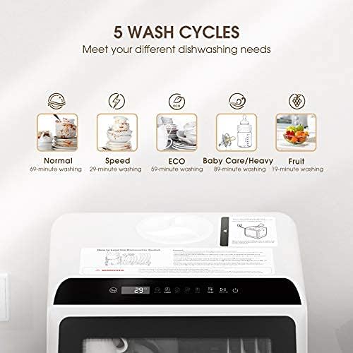 Countertop Portable Dishwasher, NOVETE Compact Dishwasher with 5-Liter Built-in Water Tank, 5 Washing Programs with Baby Care, Fruit Washing, Hot Air-dry Storage