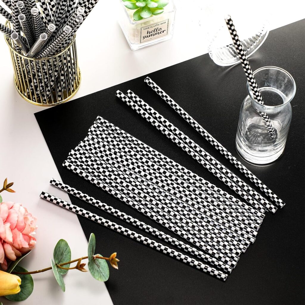 Domensi 100 Pcs Black and White Checkered Racing Straws Plastic Disposable Drinking Straws Hard Plastic Reusable Striped Flag Party Supplies for Race Car Sports Themed Birthday Decoration