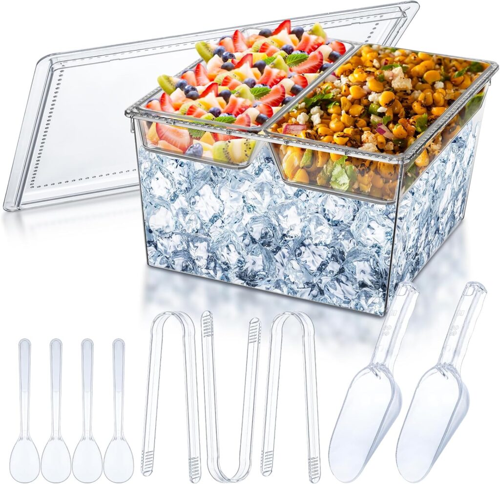 Havawish Ice Chilled Party Platter Large Removable Chilled Serving Tray 2 Compartment Chilled Veggie Tray Clear Party Platter with Lid 4 Spoons 3 Tongs 2 Scoops for Parties Appetizers Fruit Vegetable