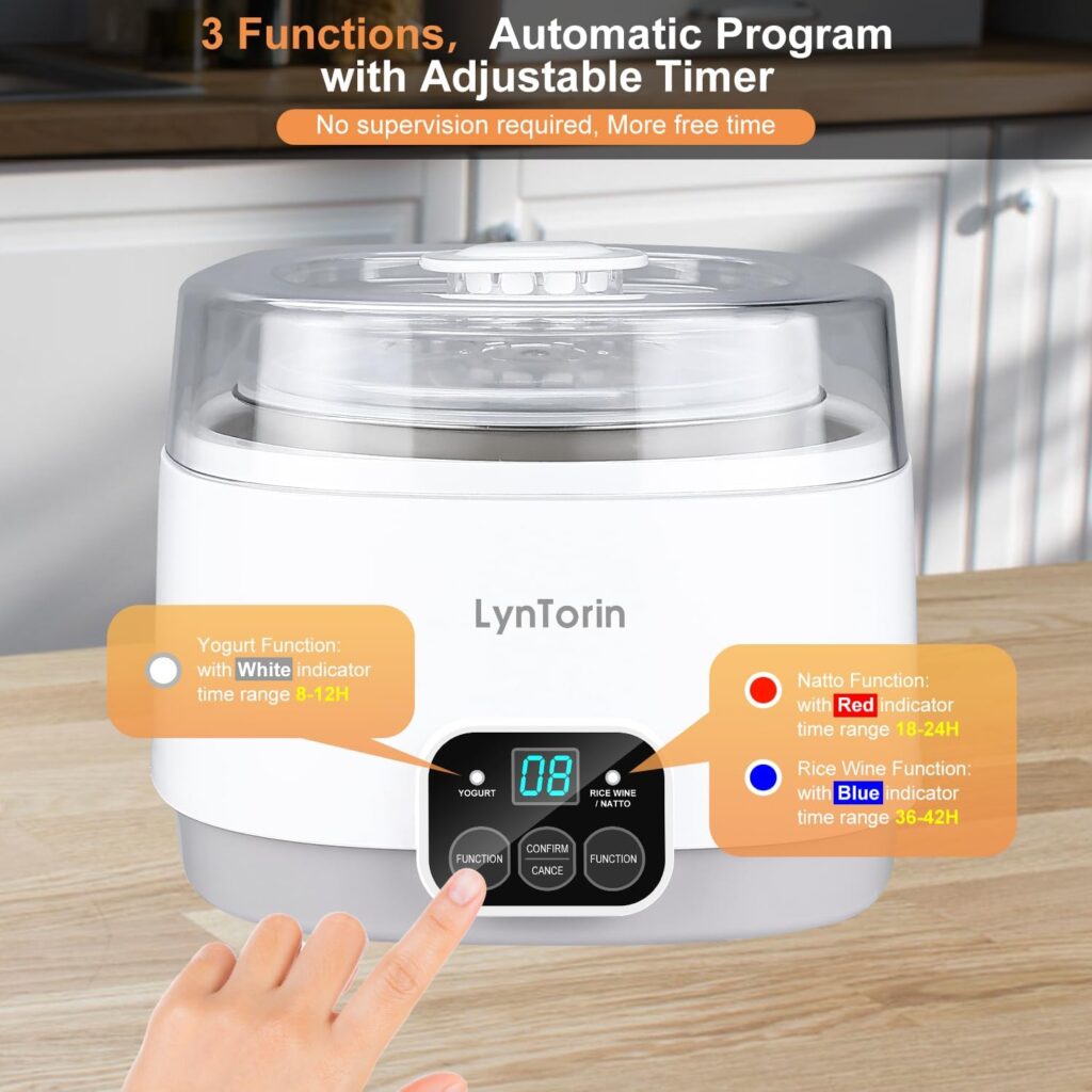LynTorin Yogurt Maker, 34oz Yogurt Maker Machine with Timer and Constant Temperature Control, 3 in 1 Automatic Yogurt Makers with Stainless Steel Inner Pot, Yogurt Machine for Yogurt Natto Rice Wine